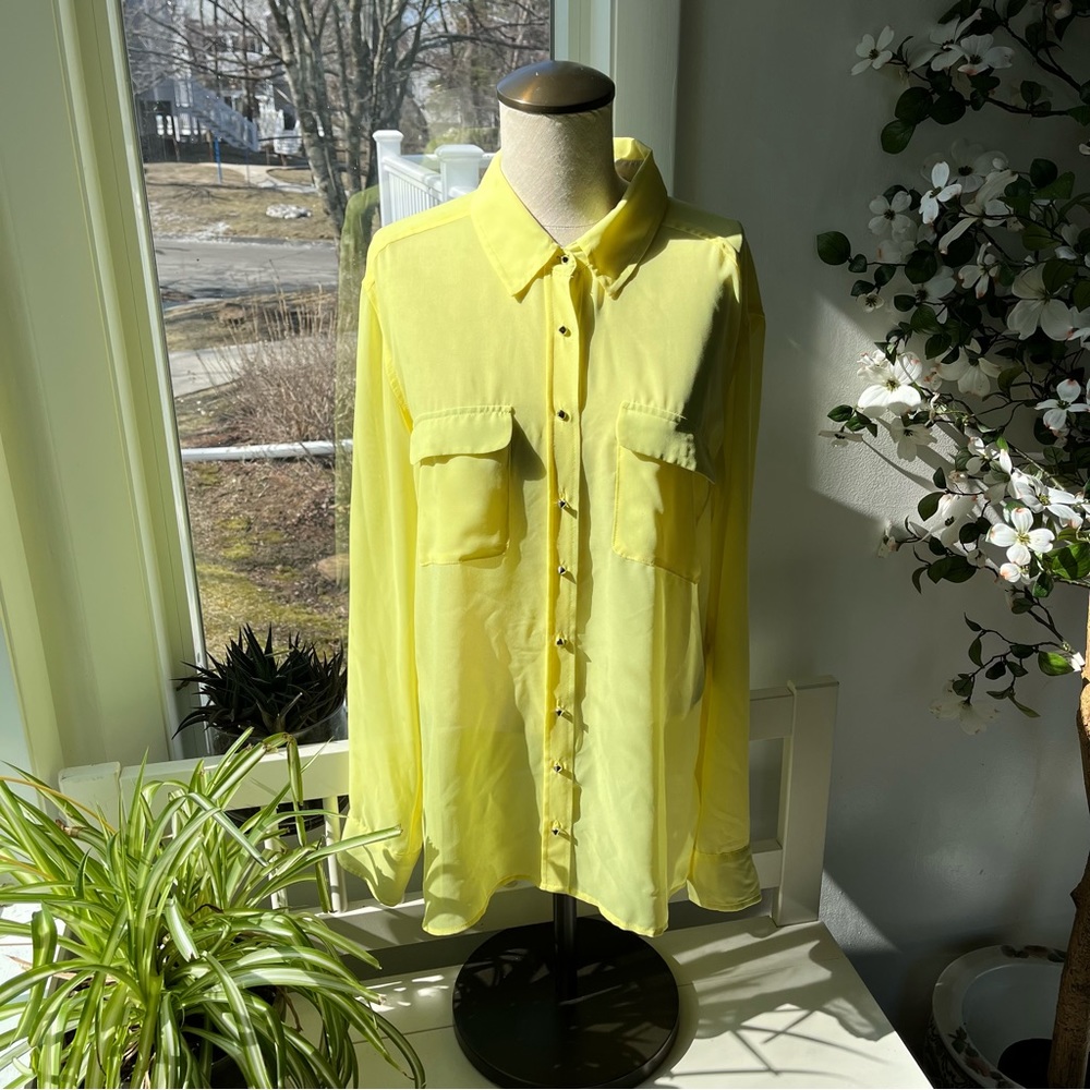 Guess Sheer Button Down Blouse with Studded Buttons, Size L